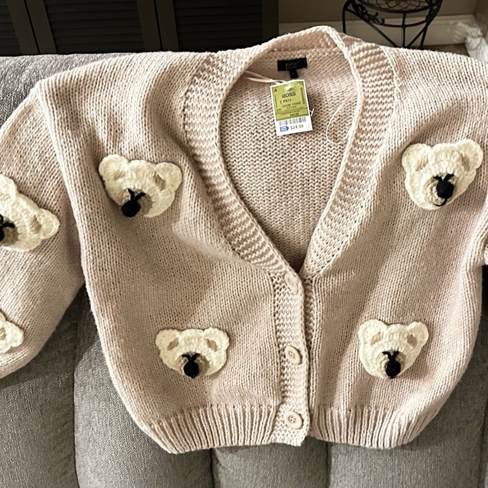 Cute Beige Cardigan with Crocheted Bear Patches